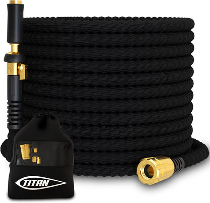 TITAN Flexible Garden Hose 15FT – Ultra Lightweight, Heavy Duty Water Hose with Brass Fittings & Jet Nozzle – Kink-Free, Non-Expanding, Durable Fabric Hose for Yard, Lawn, Car Wash, Outdoor Use