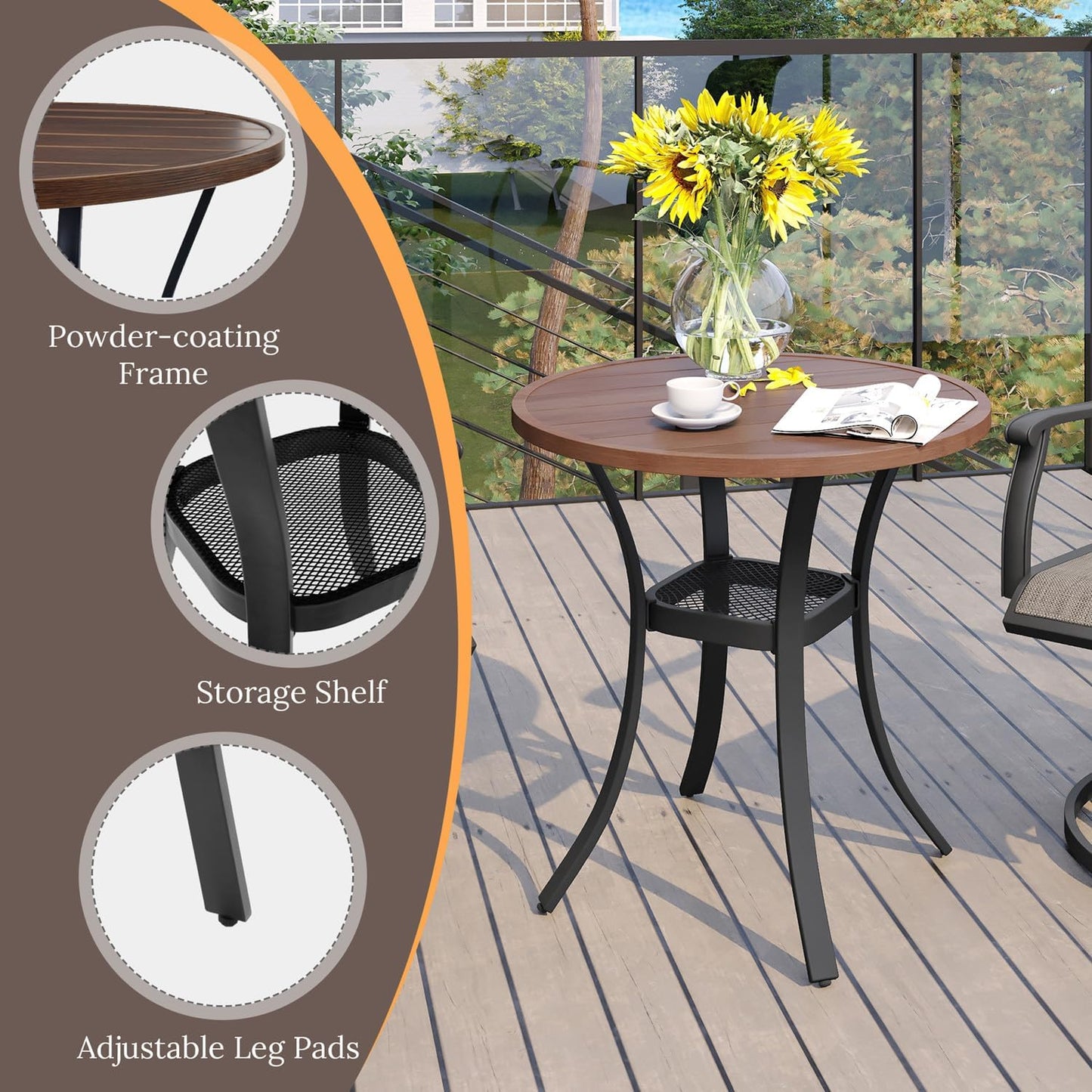 VICLLAX 27.5" Outdoor Round Patio Table for Lawn Garden, All Weather Metal Round Patio Dining Table with Storage Shelf, 2 Person Small Patio Table, Walnut Wood Grain