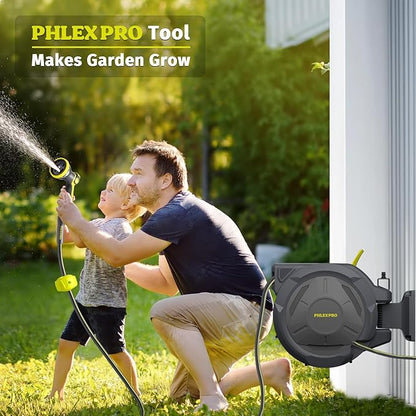 Retractable Garden Hose Reel 105FT, 1/2 inch Wall Mounted Hose Reel with Full Brass Fittings, 10 Patterns Spray Nozzle, Any Length Lock, 180° Automatic Rewind