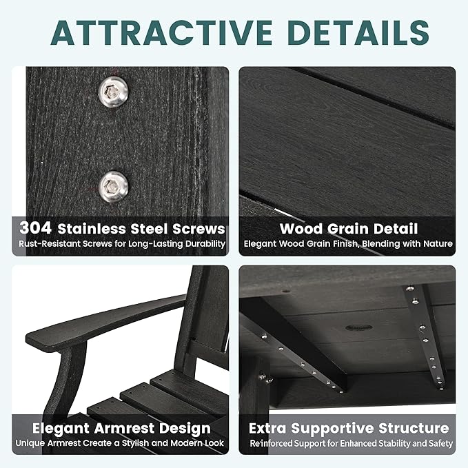 Pamapic 5-Piece Outdoor Dining Set, HDPE Outdoor Rectangular Table and 4 Chairs, Wood Grain Patio Furniture Sets with Armrest, All-Weather Patio Dining Table with Umbrella Hole, Black