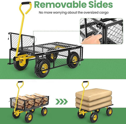 Homdox MAX 880 Lbs Garden Cart, Heavy Duty Foldable Mesh Steel Garden Wagon with 180° Rotating Handle and 10 Inch Tires, Pullable Yard Cart for Yard Garden Beach Farm, Yellow with Bag