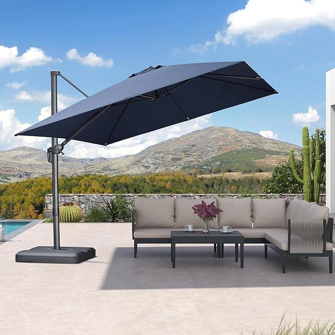 PURPLE LEAF 10 FT Cantilever Patio Umbrella Outdoor Aluminum Offset Square Umbrella with 3 Years Fade Resistance Recycled Fabric and 360-degree Rotation for Deck Pool Garden, Ocean Slate