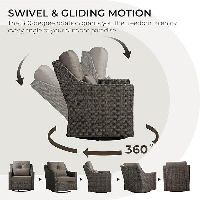 CHITA 2 Pieces Patio Wicker Chairs, 360° Rocking Swivels Outdoor Rattan Chair with Thickened Cushions for Backyard, Poolside, Garden or Porch
