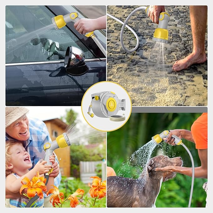 100 ft x 5/8" Retractable Garden Hose Reel, Heavy Duty Water Hose Reel Wall Mounted, Any Length Lock, 180°Swivel, Water Hose with 10-Function Nozzle for Cleaning, Watering(Yellow)