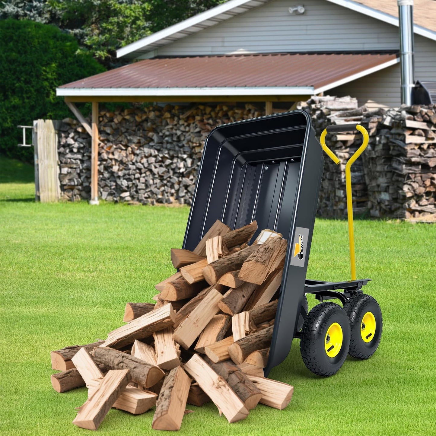 Garden Dump Cart, Heavy-Duty Utility Wagon with 600 lb Capacity, 4 Cu Ft Bed, 10" Pneumatic Tires, 180° Pivot Steering for Yard, Lawn, and Beach Use