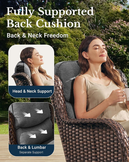 HILLGA Luxury Outdoor Swivel Rocker Patio Chairs of 2 with 6 Inch Thick Cushions and Side Table, Swivel Outdoor Chairs 3PCS High Back Wicker Patio Furniture Set for Porch, Balcony, Deck in Dark Grey