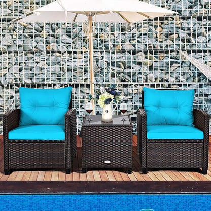 KOTEK 3 Piece Patio Furniture Set, Outdoor Conversation Set with Washable Cushions & Tempered Glass Tabletop, PE Rattan Wicker Bistro Set for Porch, Garden, Balcony (Turquoise)