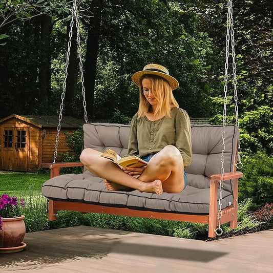 Swing Replacement Cushions with Backrest, 2 or 3 Seater Waterproof Non-Slip Overstuffed Swing Pad, Indoor/Outdoor Bench Cushion for Porch Chair Swings Garden Furniture (Khaki, 40 * 55 in)