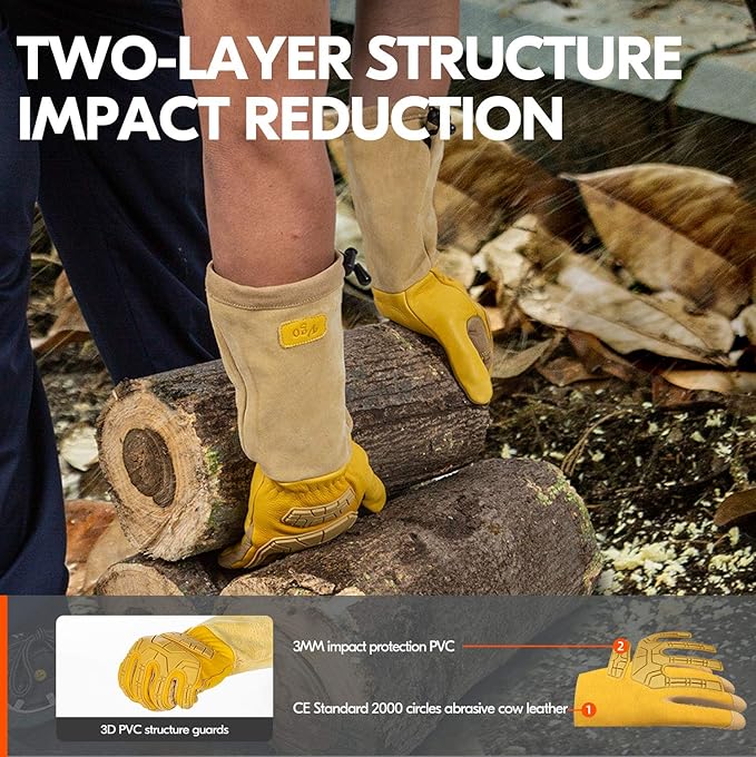 Vgo... Safety Work Gloves Men,Extra-long Cuff Thornproof,Premium Cow Grain Leather,Anti-abrasion, Anti-Impact,Gardeing (1 Pair,Size XL, Gold, CA9659)