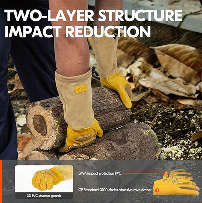 Vgo... Safety Work Gloves Men,Extra-long Cuff Thornproof,Premium Cow Grain Leather,Anti-abrasion, Anti-Impact,Gardeing (1 Pair,Size XL, Gold, CA9659)