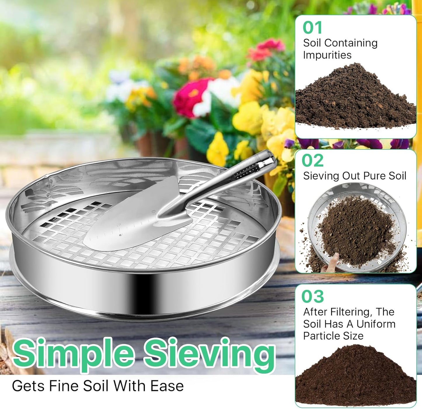 Soil Sifter for Gardening, Soil Sifter and Shovel Set, 11.8'' Stainless Steel Sand Sifter for Gardening, Dirt Sifter Strainer for Sand Rocks Dirt Seed Compost