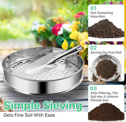 Soil Sifter for Gardening, Soil Sifter and Shovel Set, 11.8'' Stainless Steel Sand Sifter for Gardening, Dirt Sifter Strainer for Sand Rocks Dirt Seed Compost