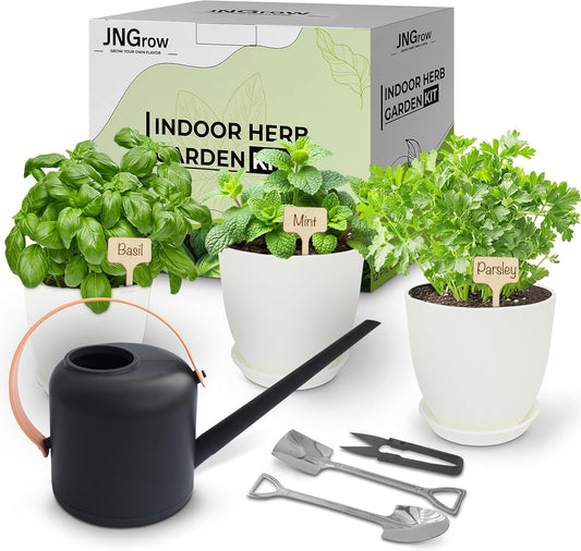 Indoor Garden Kit - Plant Pots with Drainage, Watering Can & Tools - Ideal Windowsill Planter Set - Modern Home & Kitchen Decor Gift - White