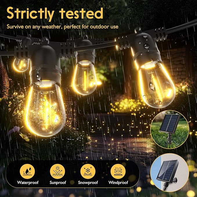 S14 Solar String Lights Outdoor with Remote 100 FT, USB & Solar Dual Charging, Waterproof, 8 Modes 3 Timers, 34+3 LED Shatterproof Bulbs, Dimmable Solar Light for Camping Backyard Bistro Porch Garden