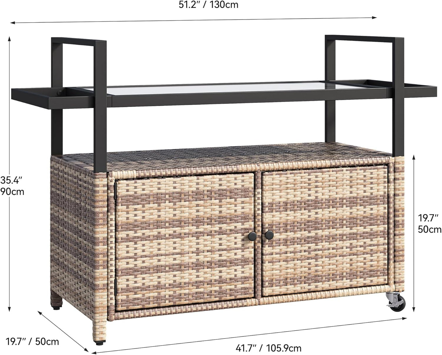 YITAHOME Large Outdoor Kitchen Wicker Island Rolling Cart & Patio Bar Table, w/Wheels and Black Glass Table Top Backyard and Poolside Light Brown