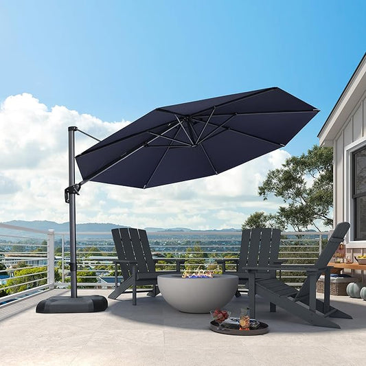 PURPLE LEAF 11 Feet Patio Umbrella Outdoor Cantilever Round Umbrella Aluminum Offset Umbrella with 360-degree Rotation for Garden Deck Pool Patio, Navy Blue