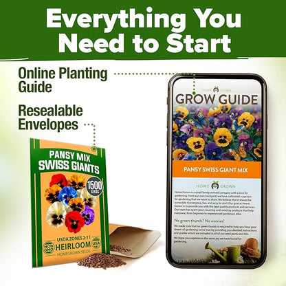 HOME GROWN Pansy Swiss Giants Mix - 1,500 Flower Seeds (2.13g) - Fall Planting Pansies Seed - Edible Viola Seeds - Cold Hardy Annuals for Containers & Outdoor Gardens (Viola × wittrockiana)