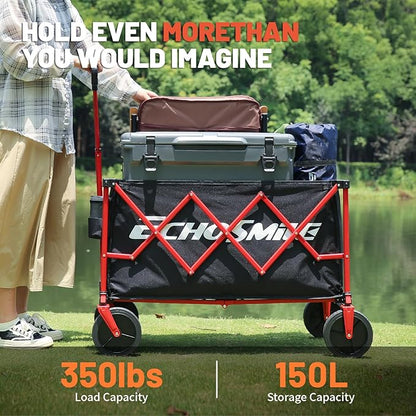 EchoSmile Collapsible Foldable Wagon Cart with 350lbs Weight Capacity, Heavy Duty Folding Utility Sport Wagon with Removeble Wheels for Camping,Grocery,Garden,Beach,Black&Red