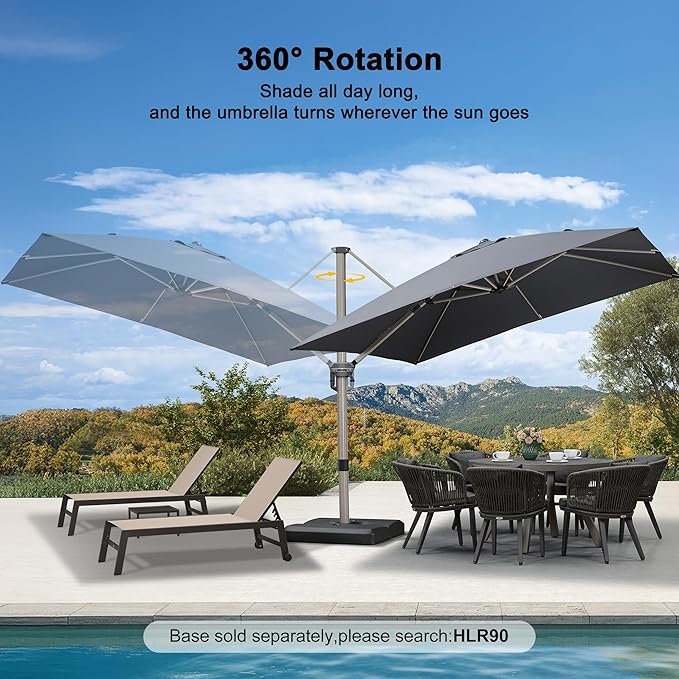 PURPLE LEAF 10' X 10' Patio Umbrella Outdoor Cantilever Umbrella, Aluminum Offset Umbrella with Champagne Frame and 360° Rotation for Pool Deck Garden, Grey