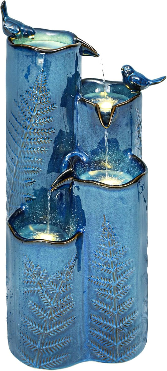 32" Tall Outdoor Fountain, Ceramic Vase Water Fountain withs Lights, 4-Tier Waterfalls with Birds, Tranquil Oasis for Garden Patio Yard Deck Balcony Decor, Tropical Fern, Turquoise Glaze