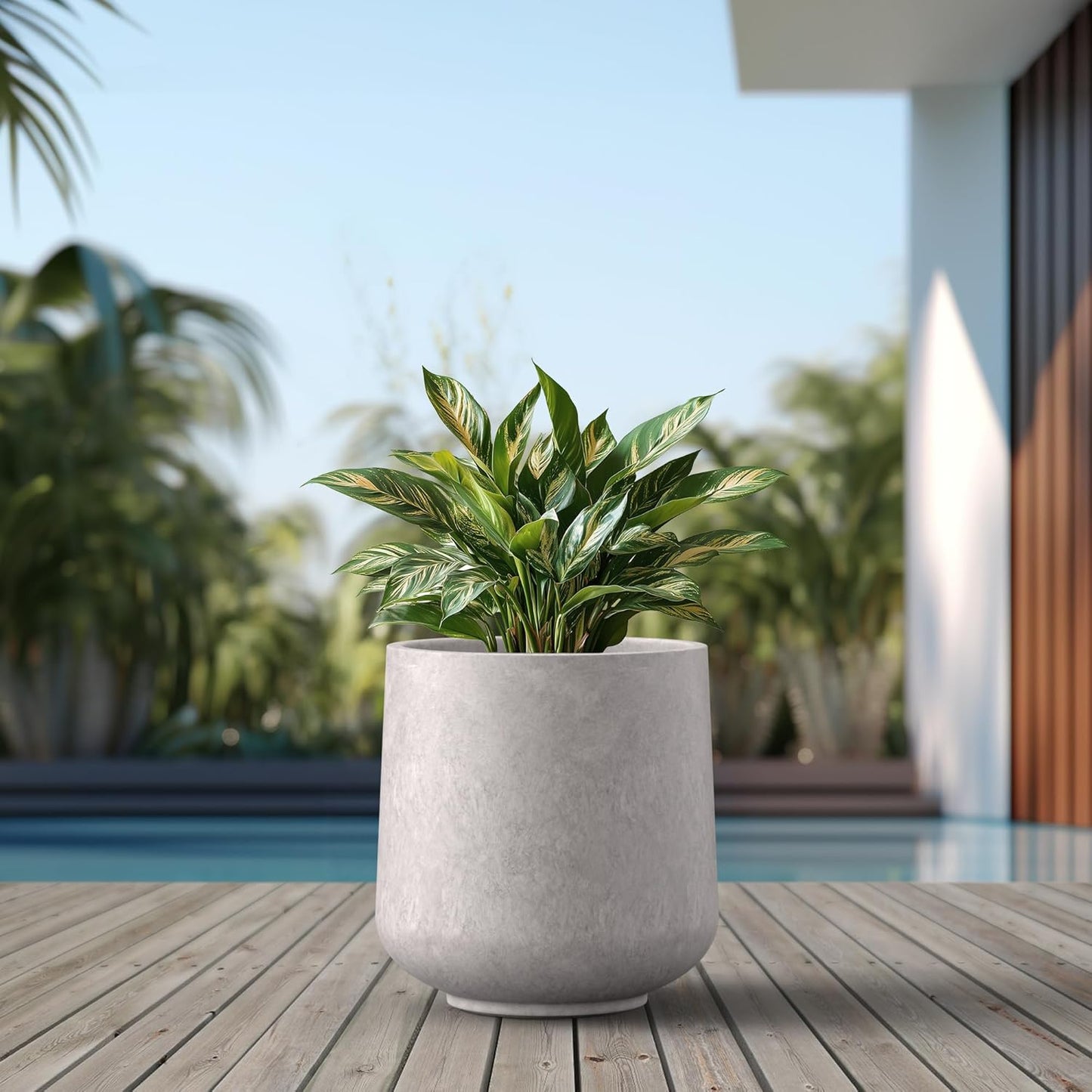Kante 15.3" Dia Round Concrete Planter, Outdoor Indoor Large Plant Pots Containers with Drainage Hole and Rubber Plug for Home Garden Patio, Light Gray