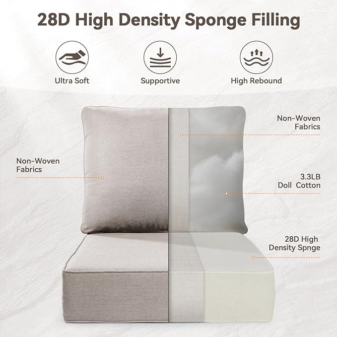 Luxury 6" Outdoor Cushions for Patio Furniture, 24x24x6" Thick Seat Cushion Set of 2, Fade Resistant Couch Chair Replacement Cushions High Density Deep Wicker Chair Cushion w/ Removable Cover, Beige