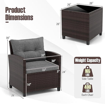 RELAX4LIFE 3-Piece Patio Furniture Set - Wicker Bistro Conversation Set w/2 Cushioned Armchairs & Glass Topped Table, Outdoor Rattan Sofa for Porch Balcony Poolside (Grey)