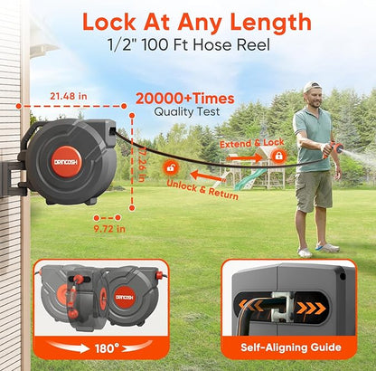 Retractable Garden Hose Reel 100 FT x 1/2" Any Length Lock 9 Pattern Nozzle 180° Swivel Wall Mounted Self Winding UV Resistant Heavy Duty Garden Outside Watering