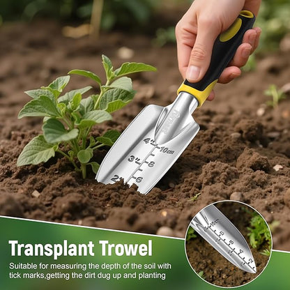 Garden Tool Set, 3 Pack Aluminum Heavy Gardening Kit Including Hand Shovel, Transplant Shovel and Hand Rake for Planting, Digging, Weeding