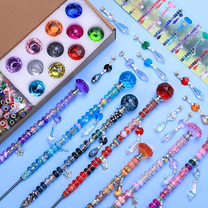 DIY Fairy Wand Garden Stakes Kit, Crystal Beaded Decorative Wands Set, Outdoor Garden Decoration with Assembly Guide (Mixed Top 390 Pcs)