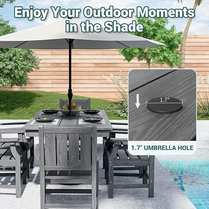 Pamapic 7 PCS Outdoor Dining Set, Spacious HDPE Outdoor Table and Chairs, Wood Grain Patio Furniture Sets with Elegant Armrest, All-Weather Patio Dining Table with Umbrella Hole, Gray