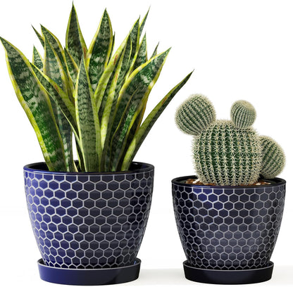 Docrin Ceramic Plant Pots Indoor, 6.6 + 5.5 Inch Planters with Drainage Holes and Saucer for Home/Office - Set of 2 /Blue Honeycomb