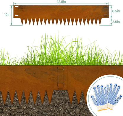 Co rten Steel Landscape Edging 10 Inch Tall 6 Packs, Pre-Rusted Metal Garden Edging with 6 Clips and a Pair of Gloves, Steel Edging for Landscaping, Garden