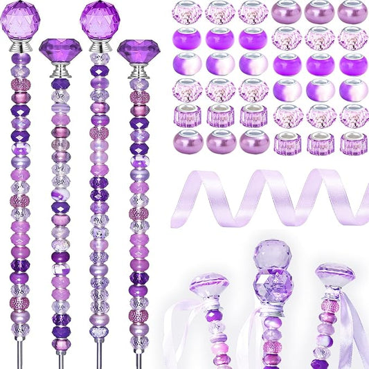 119 Pcs Garden Stake DIY Fairy Wand Plant Stake with Purple Large Hole Beads Crystal Diamond Stopper Top 4 Stainless Steel Threaded Rod Beaded Garden Stakes for Outdoor Indoor Yard Patio Decorations