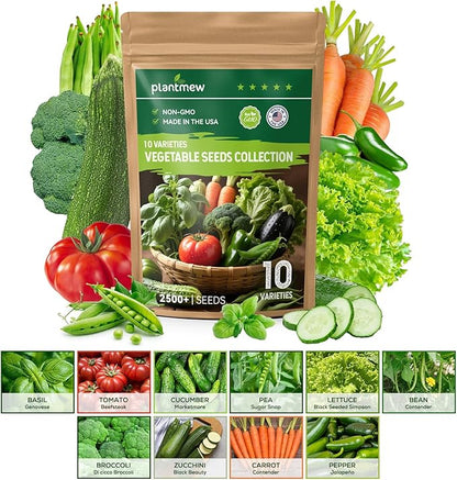 10 Vegetable Seeds Pack - Non GMO, Heirloom - Basil, Snap Pea, Broccoli, Bean, Jalapeño Pepper, Tomato, Lettuce, Cucumber, Carrot, Zucchini Seeds for Planting Home Garden