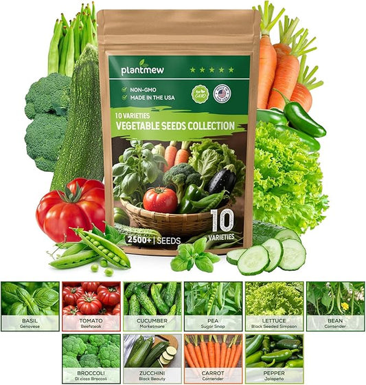 10 Vegetable Seeds Pack - Non GMO, Heirloom - Basil, Snap Pea, Broccoli, Bean, Jalapeño Pepper, Tomato, Lettuce, Cucumber, Carrot, Zucchini Seeds for Planting Home Garden