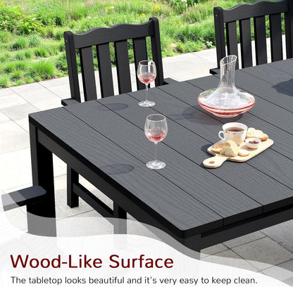 Stoog 7 Pieces Patio Dining Sets, All-Weather HIPS & Aluminum Outdoor Dining Table with Umbrella Hole, Patio Furniture Set Include 1 Table and 6 Chairs, for Backyard, Garden and Deck, Black