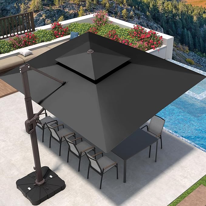 9' X 12' Cantilever Patio Umbrella with Base Included 360°Rotation Rectangular Outdoor Large Offset Umbrellas Double Top Heavy Duty Windproof for Garden Deck Pool, Grey
