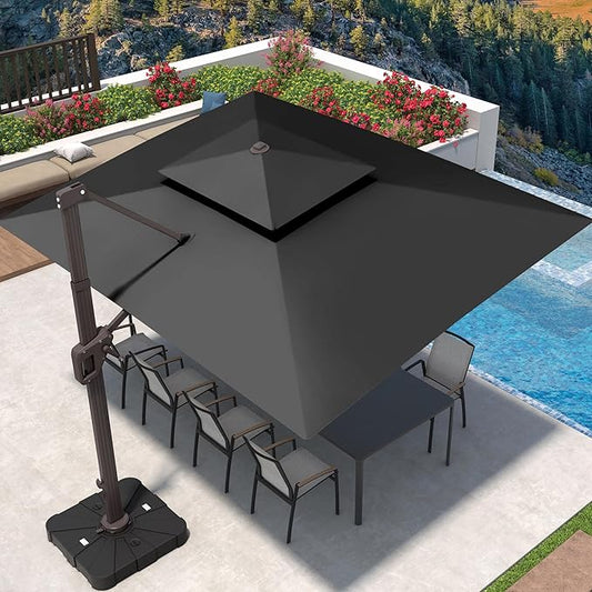 9' X 12' Cantilever Patio Umbrella 360°Rotation Rectangular Outdoor Large Offset Umbrellas Double Top Heavy Duty Windproof for Garden Deck Pool Backyard, Grey