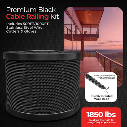 500FT 1/8" T316 Stainless Steel Cable - 7x7 Strands Wire Rope - Black Phosphate Coating - Cable Cutters & Gloves Included - Aircraft Cable for Indoor & Outdoor - Cable Railing Stair Deck