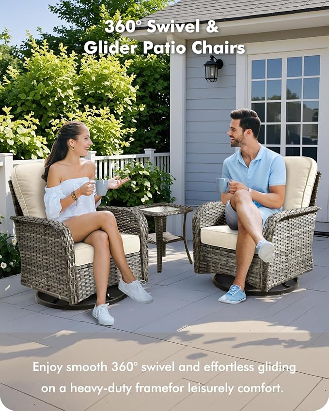5 Pieces Patio Furniture Set,Outdoor Furniture with Rockers, Rattan Conversation Sets w/Coffee Table, Grey Wicker Light Beige Cushion