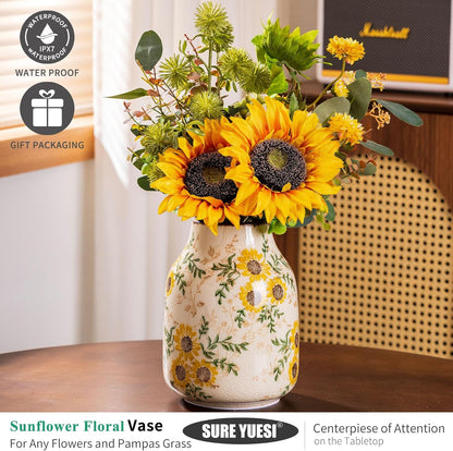 Sunflower Vintage Ceramic Yellow Floral Vase, Beige and Green Chinoiserie Home Decor for Fireplace Mantle, Table Centerpieces, Kitchen Counter, Tuscan, Cute Flower Vase for Living Room Office 7.8 Inch