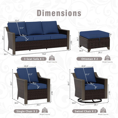 7 PCS Wicker Patio Conversation Set, All-Weather Use Outdoor 2 PE Rattan Swivel Chair, 2 PE Rattan Chair, 2 Ottoman, 1 Patio Sofa, Removable Water-Resistant Cushion, Blue