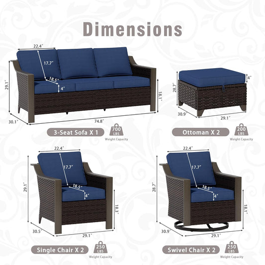 7 PCS Wicker Patio Conversation Set, All-Weather Use Outdoor 2 PE Rattan Swivel Chair, 2 PE Rattan Chair, 2 Ottoman, 1 Patio Sofa, Removable Water-Resistant Cushion, Blue
