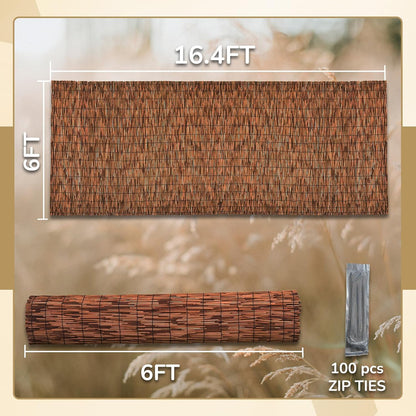 Brown 6FT X 16.4FT Reed Fencing Roll, Balcony Privacy Reed Shade Bamboo Fencing Garden Fence Border, Wind Block Sunshade Fence Screen for Outdoor Yard Patio Flower Bed Edge