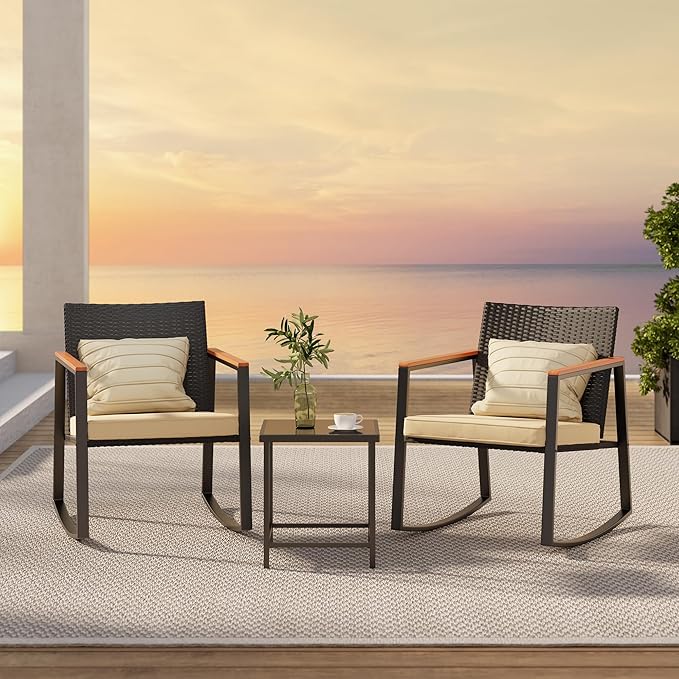 Gizoon 3 Pieces Rocking Patio Bistro Set with Anti-Scald Armrest, Outdoor Patio Wicker Furniture Set with Glass Table and Cushion for Garden, Yard, Porch