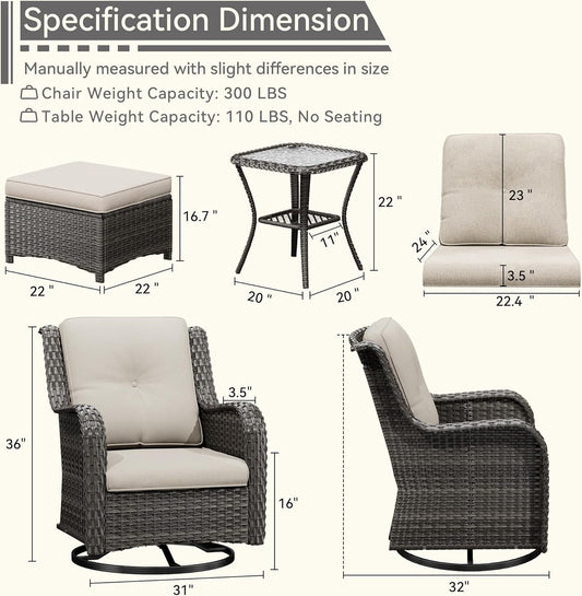5 Piece Outdoor Patio Furniture Set Wicker Conversation Set Swivel Rocking Chairs with Side Table and Ottomans for Backyard, Porch, Deck, Beige