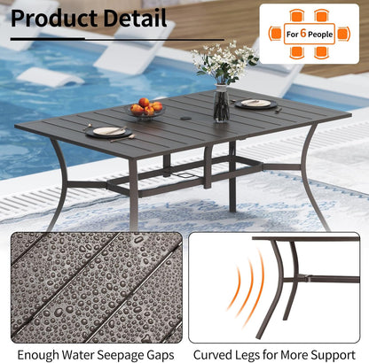 Outdoor Metal Steel Rectangle Patio Dining Table, 6 Person Patio Table with Adjustable Umbrella Hole, Weather-Resistant for Garden Backyard Porch, Dark Brown