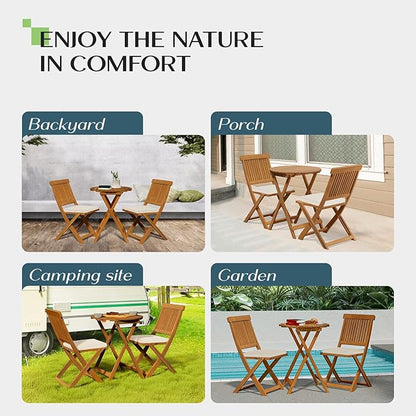 IDZO Heavy Duty 400lbs Capacity Patio Bistro Sets, 3 Piece Outdoor Folding Chairs with Cushions and Round Table, FSC-Certified Acacia Wood, Space-Saving Design for Balcony, Garden and Porch