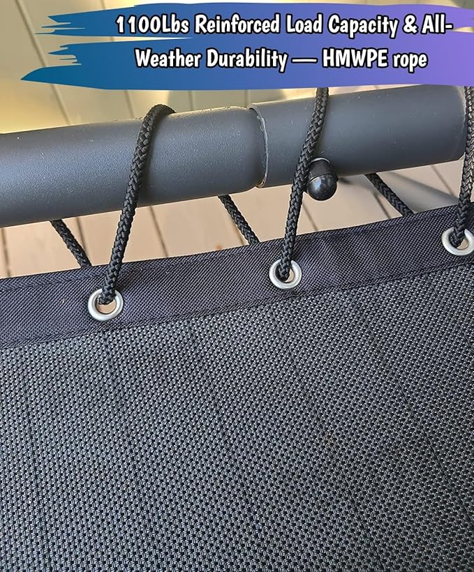Outdoor Swing Chaise Lounge Replacement Pad and Sunshade Cover for Patio Furniture Hanging Hammock Chair Cushion pad, Sun Resistant Breathable Waterproof (Black, Support Mesh+Rope)
